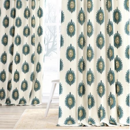 See Mayan Teal Printed Cotton Curtain More Images