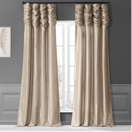 See Antique Beige Ruched Faux Solid Taffeta Curtain More Images