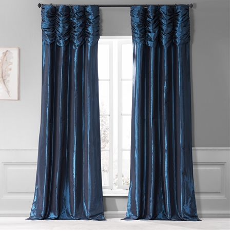 Navy Ruched Faux Solid Taffeta Curtain