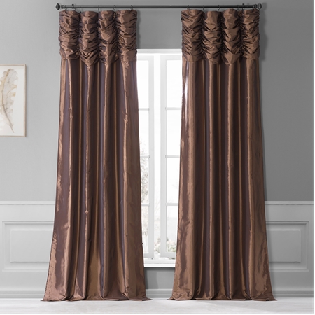 Copper Brown Ruched Faux Solid Taffeta Curtain