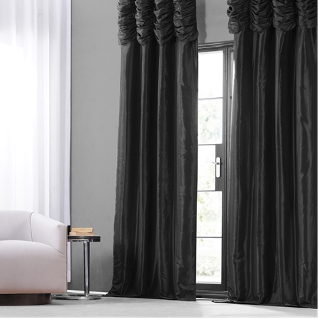 Jet Black Ruched Faux Solid Taffeta Curtain
