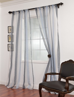 Signature Havannah Blue Striped Linen & Voile Weaved Sheer Curtain